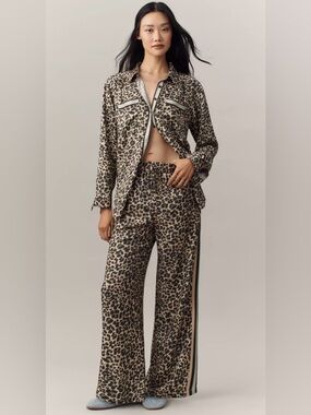 Anthropologie Maeve Leopard-Print Wide Leg Pants in Neutral Brown & Black